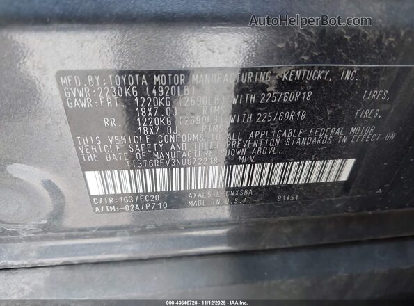 4T3T6RFV3NU072218 2022 TOYOTA RAV4 HYBRID Gray Շարժիչի բաժամունքի տեսք