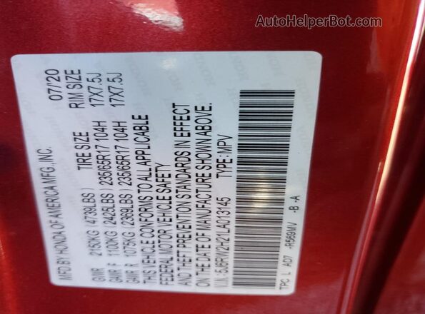 5J6RW2H21LA013145 2020 HONDA CRV Red 