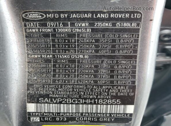 SALVP2BG3HH182855 2017 LAND ROVER RANGE ROVER Серый 