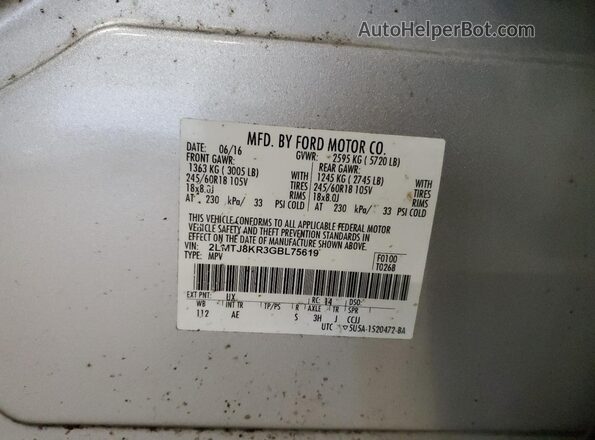 2LMTJ8KR3GBL75619 2016 LINCOLN MKX Серебряный 