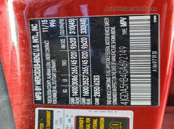 4JGDA5HB4GA692149 2016 MERCEDES-BENZ GLE-CLASS Red 