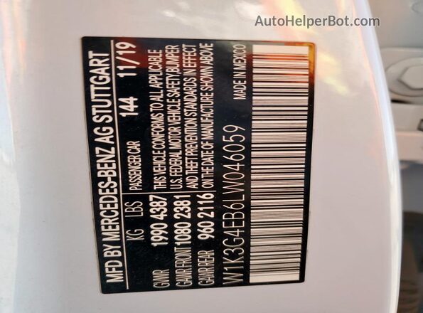W1K3G4EB6LW046059 2020 MERCEDES-BENZ A-CLASS White 