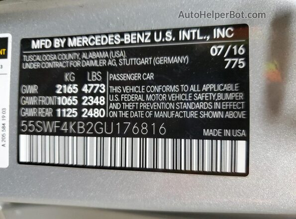 55SWF4KB2GU176816 2016 MERCEDES-BENZ C Silver Вид наклейки з VIN-кодом