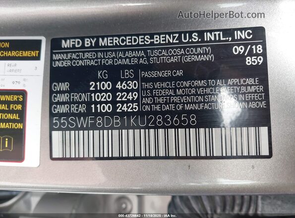 55SWF8DB1KU283658 2019 MERCEDES-BENZ C-CLASS Gray Widok komory silnika