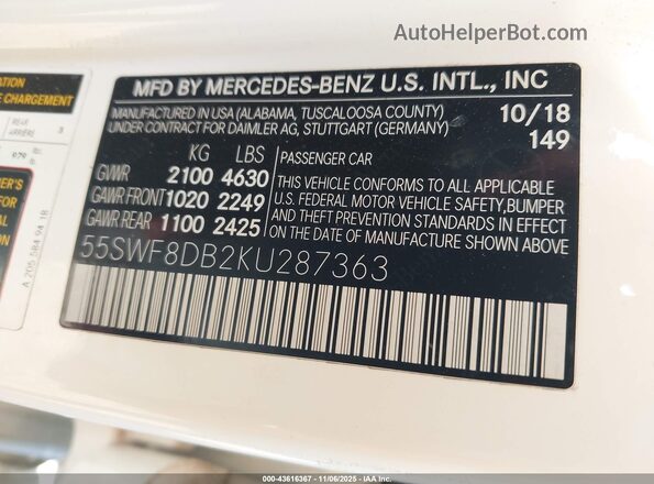 55SWF8DB2KU287363 2019 MERCEDES-BENZ C White Engine compartment view