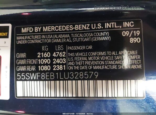55SWF8EB1LU328579 2020 MERCEDES-BENZ C-CLASS Blue Вид підкапотного простору