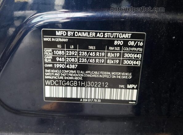 WDCTG4GB1HJ302212 2017 MERCEDES-BENZ GLA-CLASS Blue Vista interior de 360 grados