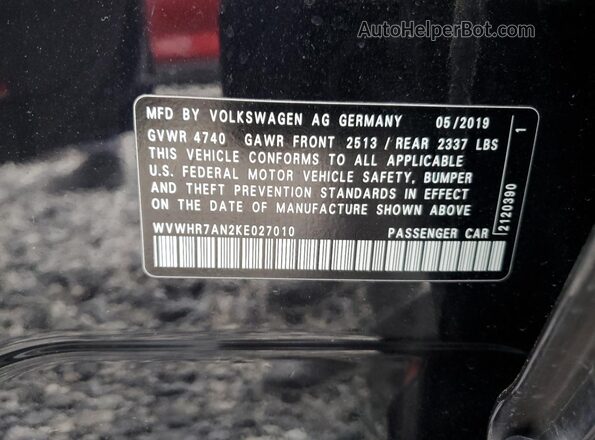 WVWHR7AN2KE027010 2019 VOLKSWAGEN ARTEON Черный Вид наклейки с VIN-кодом