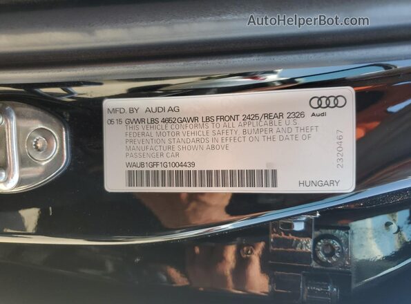 WAUB1GFF1G1004439 2016 AUDI S3 Черный Вид наклейки с VIN-кодом