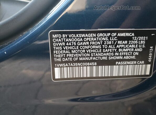 1VWSA7A35NC008458 2022 VOLKSWAGEN PASSAT Blue VIN კოდის სტიკერის ხედი