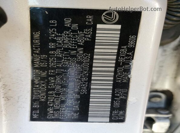 58AB21B12KU001052 2019 LEXUS ES White Vista de la etiqueta del VIN
