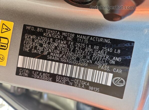 58ABK1GGXGU003099 2016 LEXUS ES350 Gray ძრავის განყოფილების ხედი