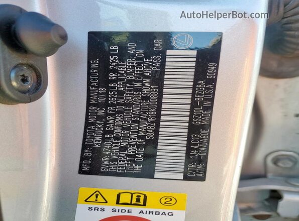 58ABZ1B18KU008891 2019 LEXUS ES Silver VIN կոդի պիտակի տեսք