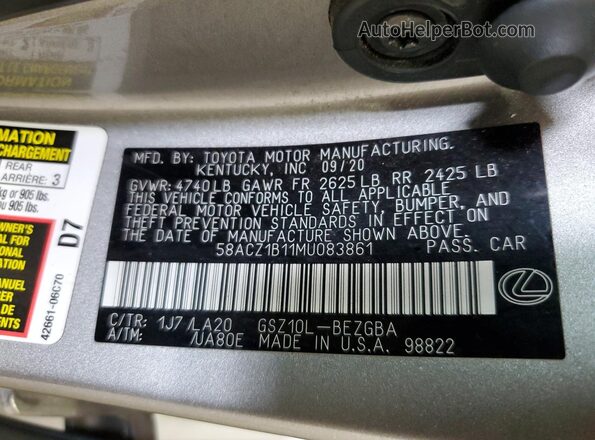 58ACZ1B11MU083861 2021 LEXUS ES Silver Vista del compartimento del motor