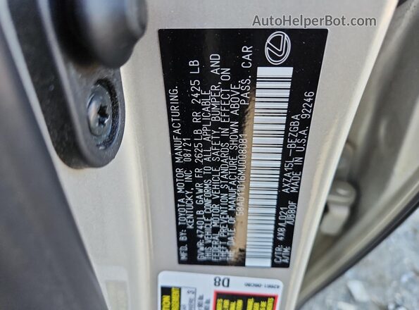 58AD11D16MU008081 2021 LEXUS ES Beige Вид підкапотного простору