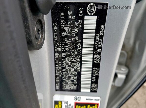 58AD21B12LU012045 2020 LEXUS ES Silver Вид підкапотного простору