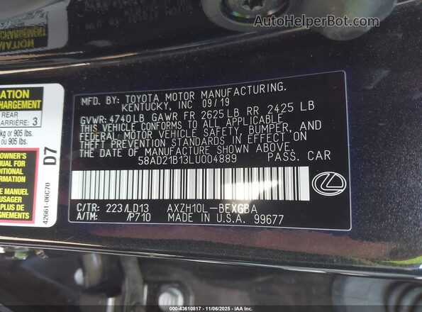 58AD21B13LU004889 2020 LEXUS ES 300H Black Engine compartment view