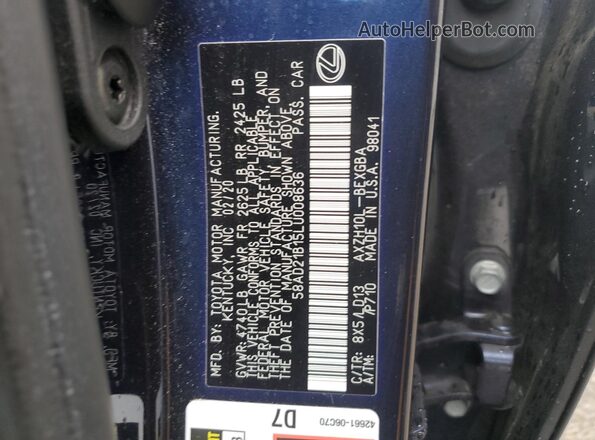 58AD21B15LU008636 2020 LEXUS ES Blue Engine compartment view