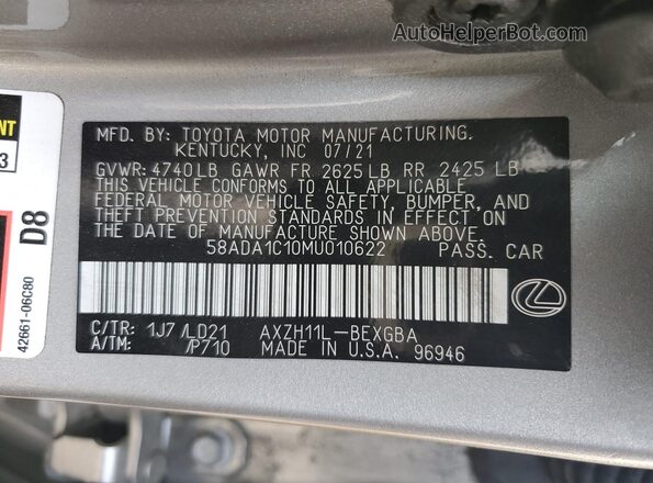 58ADA1C10MU010622 2021 LEXUS ES Silver VIN կոդի պիտակի տեսք