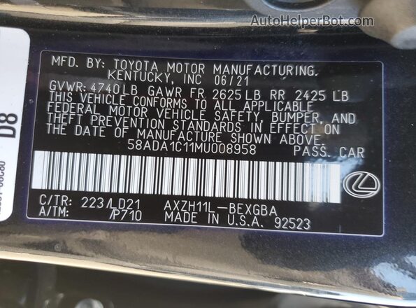 58ADA1C11MU008958 2021 LEXUS ES Black Engine compartment view