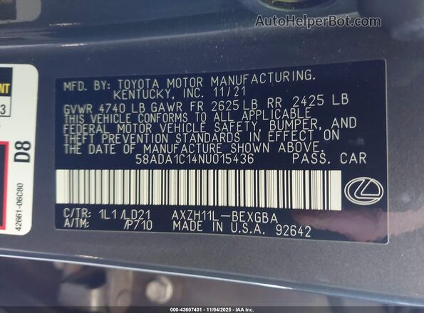 58ADA1C14NU015436 2022 LEXUS ES 300H Gray ძრავის განყოფილების ხედი
