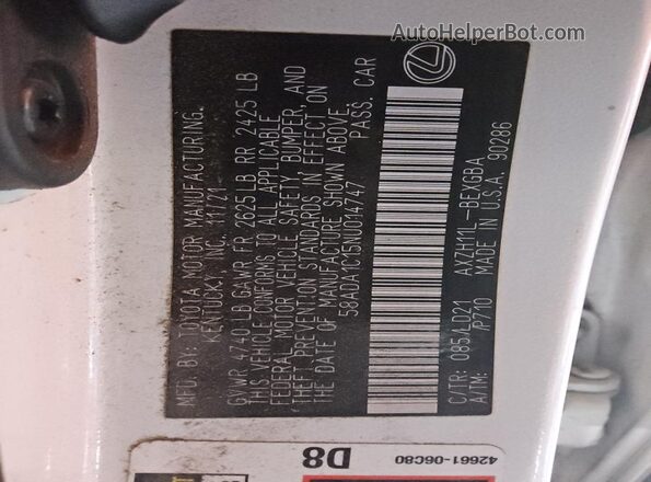 58ADA1C15NU014747 2022 LEXUS ES White Вид підкапотного простору