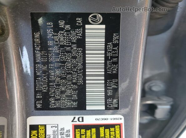 58ADA1C16MU005649 2021 LEXUS ES Gray Widok naklejki z numerem VIN