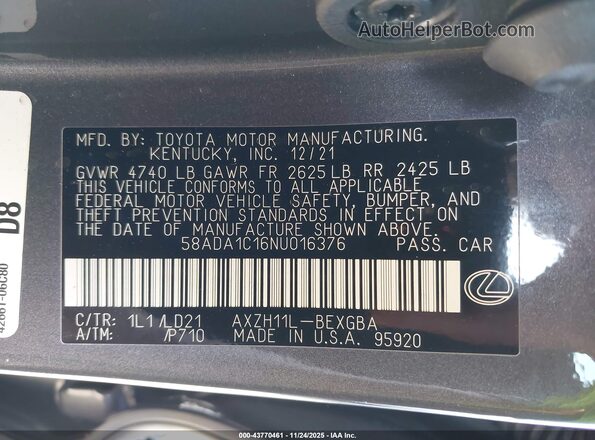 58ADA1C16NU016376 2022 LEXUS ES 300H Серый Вид подкапотного пространства