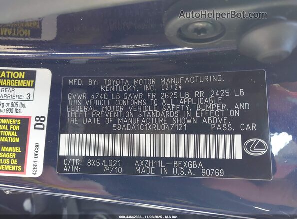 58ADA1C1XRU047121 2024 LEXUS ES 300H Blue Widok komory silnika