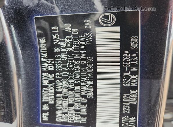 58ADZ1B11MU096193 2021 LEXUS ES Black Vista de la etiqueta del VIN