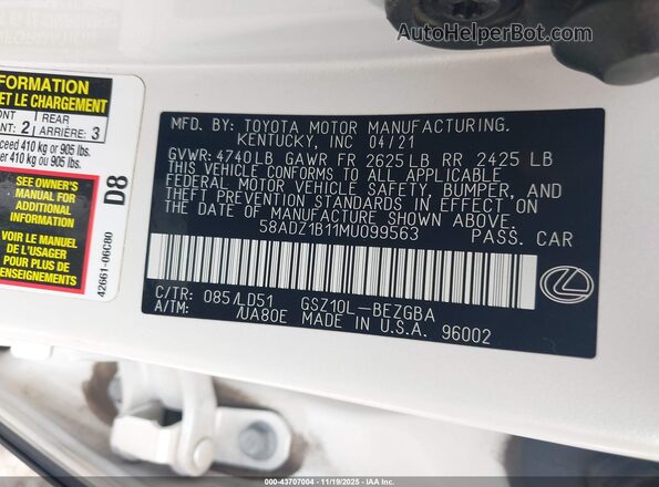 58ADZ1B11MU099563 2021 LEXUS ES 350 White Вид підкапотного простору