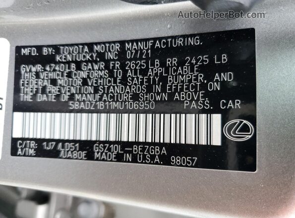 58ADZ1B11MU106950 2021 LEXUS ES Gray Շարժիչի բաժամունքի տեսք