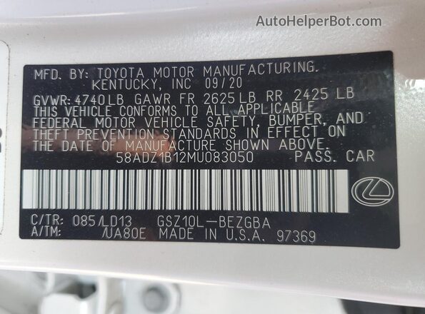 58ADZ1B12MU083050 2021 LEXUS ES White Vista del compartimento del motor