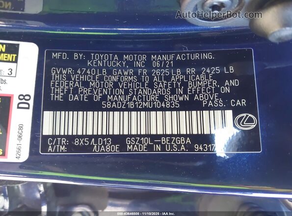 58ADZ1B12MU104835 2021 LEXUS ES 350 Dark Blue Вид подкапотного пространства