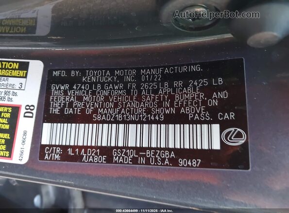 58ADZ1B13NU121449 2022 LEXUS ES 350 Gray Engine compartment view