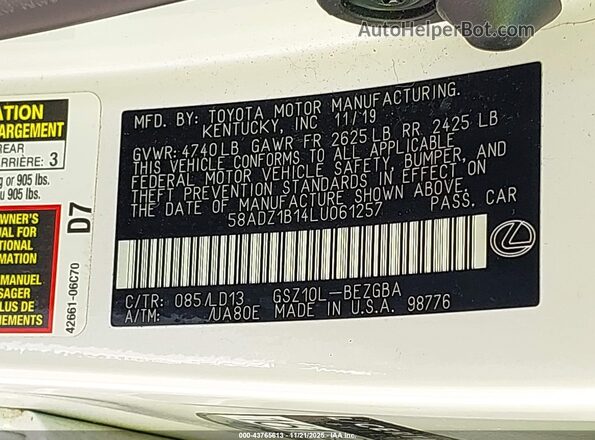 58ADZ1B14LU061257 2020 LEXUS ES 350 White Vista del compartimento del motor