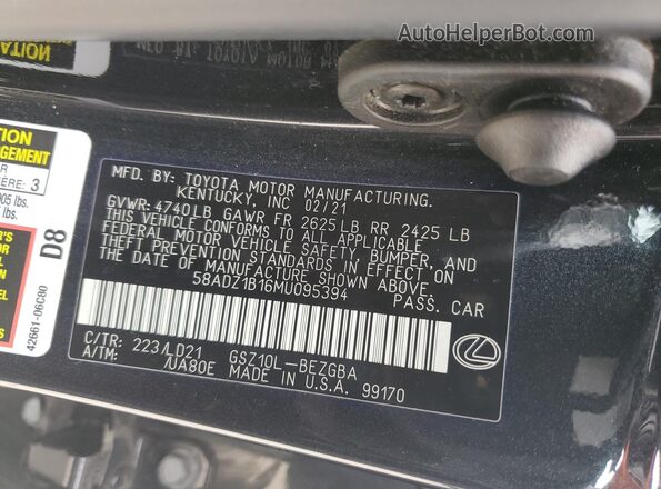 58ADZ1B16MU095394 2021 LEXUS ES Black Widok naklejki z numerem VIN