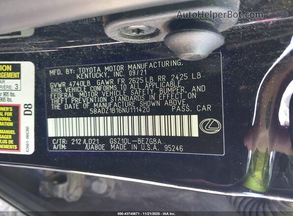 58ADZ1B16NU111420 2022 LEXUS ES 350 Black Vista del compartimento del motor