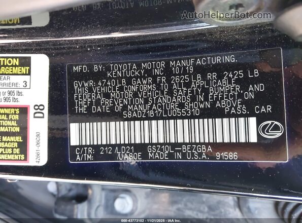 58ADZ1B17LU055310 2020 LEXUS ES 350 Black ძრავის განყოფილების ხედი