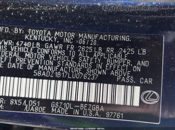 58ADZ1B17LU076237 2020 LEXUS ES 350 Blue Շարժիչի բաժամունքի տեսք