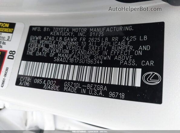 58ADZ1B17SU196344 2025 LEXUS ES 350 Белый Вид подкапотного пространства