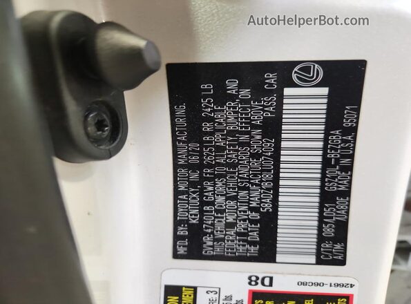 58ADZ1B18LU074092 2020 LEXUS ES White 