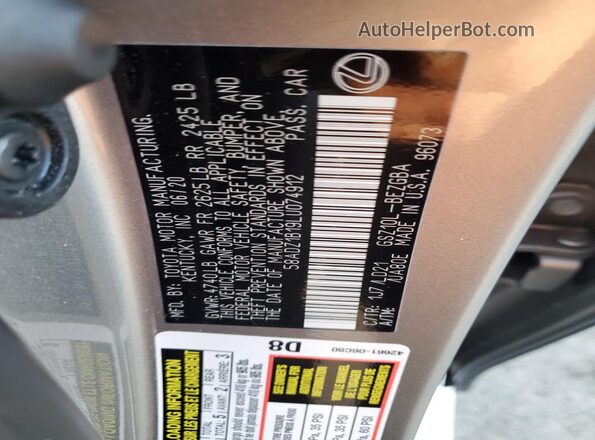 58ADZ1B19LU074912 2020 LEXUS ES Gray Շարժիչի բաժամունքի տեսք
