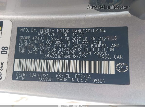 58ADZ1B19MU087743 2021 LEXUS ES 350 Silver Widok komory silnika