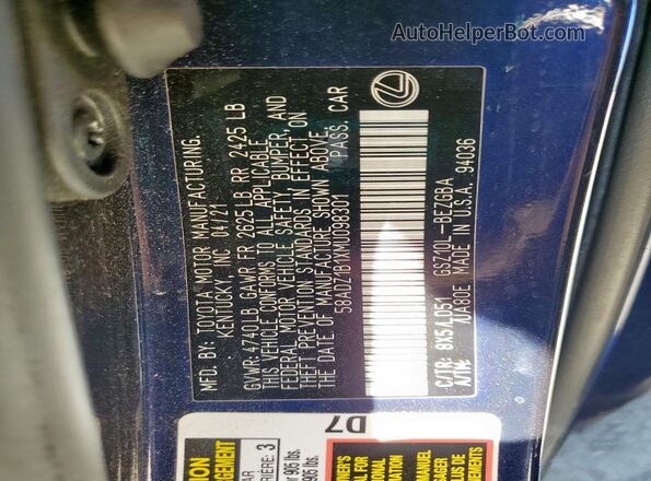 58ADZ1B1XMU098301 2021 LEXUS ES Blue Вид наклейки з VIN-кодом