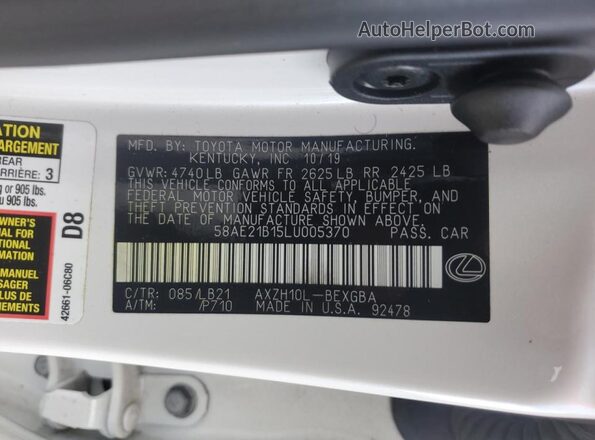 58AE21B15LU005370 2020 LEXUS ES White 