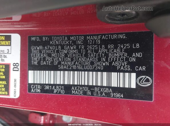 58AE21B16LU007340 2020 LEXUS ES 300H Red Vista del compartimento del motor