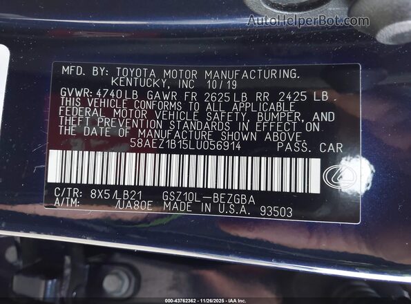 58AEZ1B15LU056914 2020 LEXUS ES 350 Dark Blue Widok komory silnika