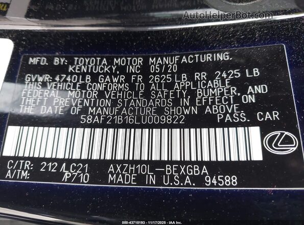 58AF21B16LU009822 2020 LEXUS ES 300H Black Vista del compartimento del motor