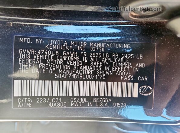 58AFZ1B18LU071170 2020 LEXUS ES Черный Вид подкапотного пространства